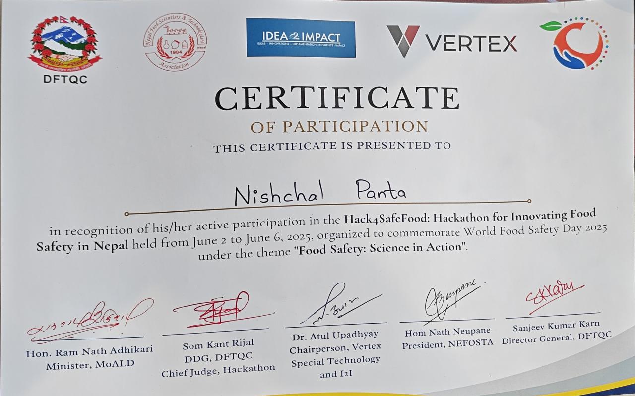 Hack4SafeFood: Hackathon for Innovating Food Safety in Nepal Participation Certificate